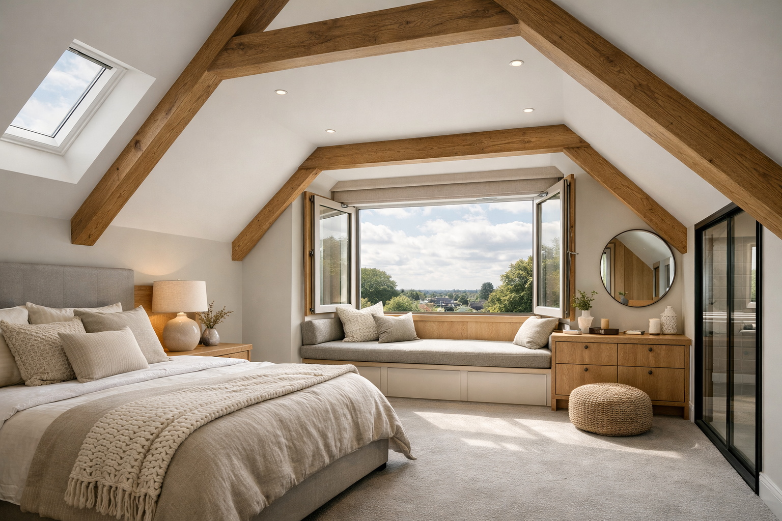 Completed luxury loft conversion with oak beams and natural light by Jewel Bespoke Build